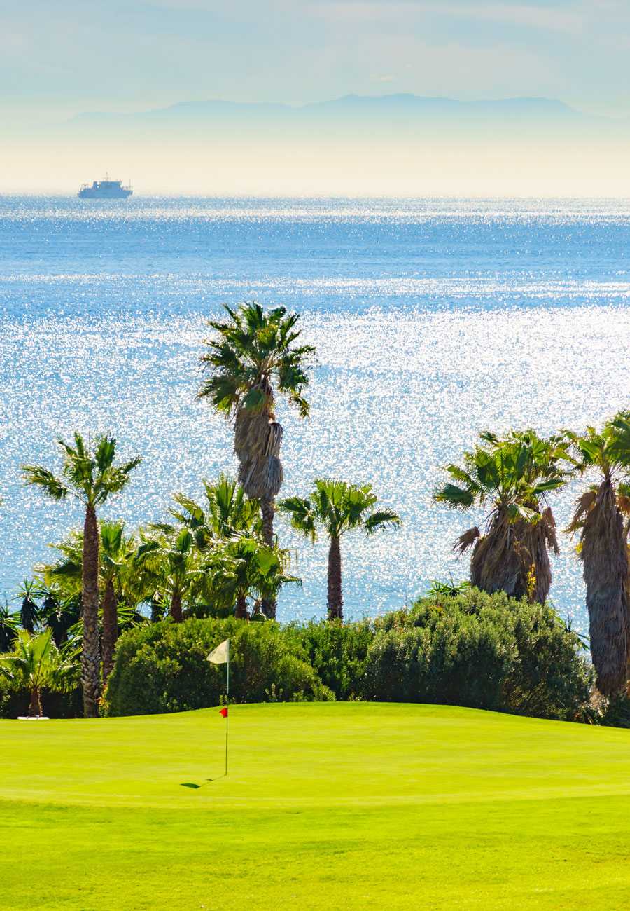 Golfplatz mit Palmen an der spanischen Küste